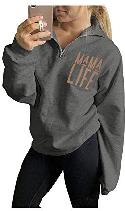 TAIUICY Women Mama Life Zip Up Pullover Sweatshirt Jacket High Collar Quarter 1/4 Zip Hoodie Coat (Grey, S)