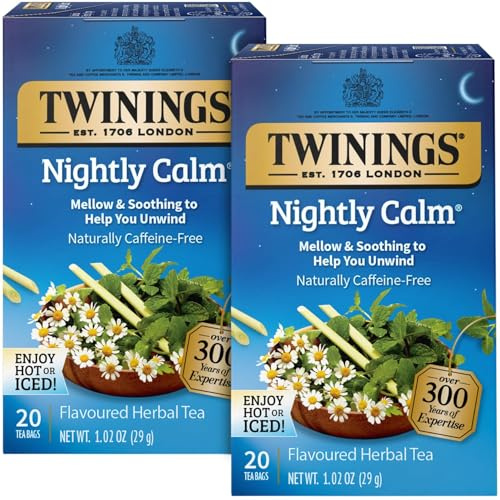 Twinings Nightly Calm Herbal Tea Bags 2-Pack – Sleep Tea, Bedtime with Calming Camomile, Spearmint and Lemongrass, Naturally Caffeine-Free, 20 Count Each