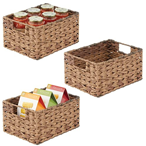 mDesign Gewebte Bauernhaus-Küche, Speisekammer, Lebensmittelaufbewahrung, Korb, Box – Behälter-Organisation für Schränke, Regale, 3 Stück, braunes Ombre