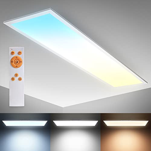 B.K.Licht - Panneau LED avec télécommande, à intensité variable, dalle led, plafond, plafonnier led, lustre salon et cuisine et chambre, panneaux led, 100x25x6,3 cm, blanc