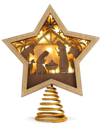 DEMDACO Gold Accented Wooden Star with Cutout Nativity Scene and Warm LED Shadow Box 10 x 8.5 Inches Christmas Tree Topper