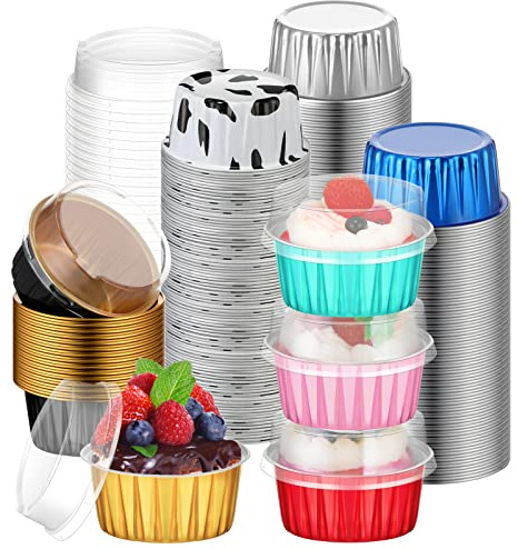 120 Pcs Aluminum Foil Baking Cups Mini Cake Pans with Lids 5 oz Cupcake Liners Disposable Muffin Tins Wrappers Baking Foil Ramekins Pans Aluminum Cupcake Cups for Birthday Party(Multicolor)