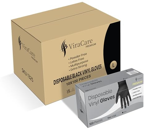 1000 x Black Premium Disposable Gloves Large | Double Thickness | Vinyl Gloves Disposable Large | Latex free Gloves | Powder Free Gloves | Black Gloves Disposable | Non-Sterile | (Large)