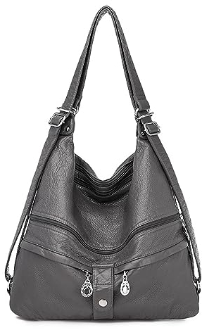 NOTAG Handtasche Damen Multi Tasche PU Leder Hobo Schultertasche 3 in 1 Multifunktionale Rucksack (Grau-Neu)