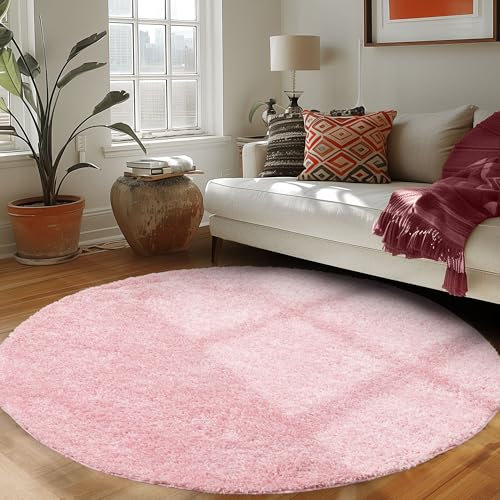 Tappeto rotondo per il soggiorno, design monocolore a pelo lungo, moderno e morbido, Colore: Rosa-1, Taglia: 200 cm Rotondo