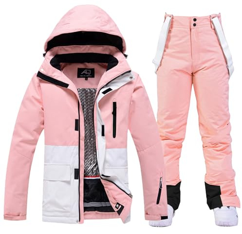 ALSOGO Damen Skijacke & Skihose Set Skianzug 2 teilig Schneeanzug Wasserdicht Warm Winterjacke mit Abnehmbare Kapuzen zum Skifahren Snowboarden Schneejacke Schneehose