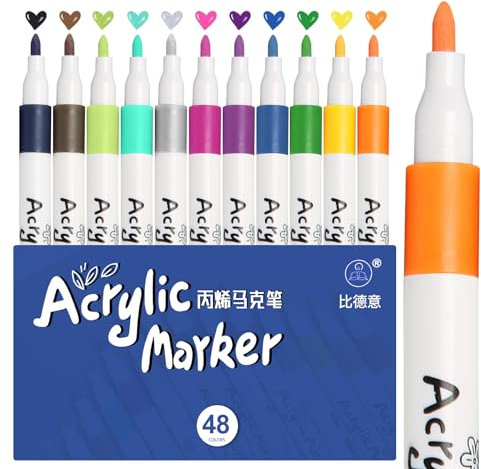 wenrescry Acrylstifte 48 Farben Wasserfest für Steine Bemalen - Acrylfarben Stifte Set für Leinwand, Holz, Glas und DIY Projekte - Künstler Marker für kreative Dekorationen und Scrapbooking