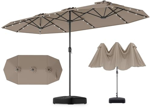 GOPLUS Grand Parasol de Jardin Exterieur avec Pied, 4M Parasol Rectangulaire Double Face pour 6 Personnes avec LED, Manivelle et Ventilation, pour Marché, Piscine, Terrasse, Balcon (Café)