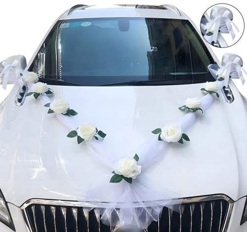 Gurxi Autoschleifen（4Stück） Hochzeit Girlande Hochzeitsschmuck （1Stück） Weiß Gaze Rosendekoration Set mit Saugnäpfen Auto Schmuck Braut Paar Rose Deko Dekoration Car Auto Wedding