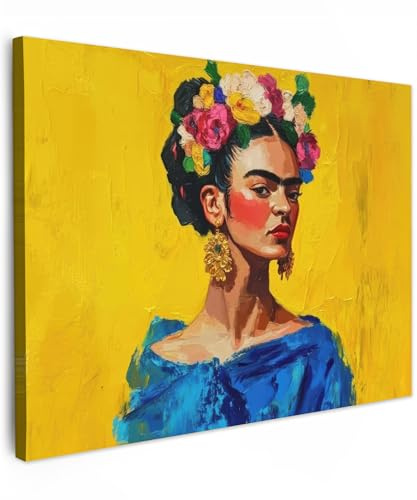 MuchoWow© Wandbilder Schlafzimmer Home Deko Wohnung Bild Wohnzimmer | 70x50 cm - Fotoleinwand Wand Bilder Leinwand Wall Decor Frida Kahlo - Frau - Gelb - Blau - Blumen