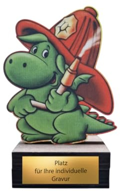 Pokal Feuerwehr-Drache 13 cm - Trophäe Award Holzpokal mit Wunschgravur | Buntes 8 mm Birkensperrholz, Heldenflamme Design, ideal für Kinderfeuerwehr Preisverleihungen und kleine Helden-Ehrungen