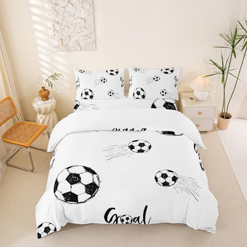 richhome Garçon Football Parure de Lit Sport thème Ensemble de literie Enfants Football Pattern Housse de Couette 140x200cm Enfants Hommes Noir Blanc Literie Set