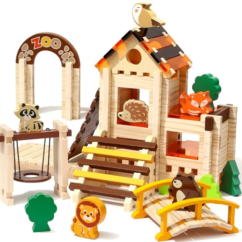 Atoylink Juegos de Construcción para Niños, 167 Pcs Bloques de Piezas Construccions, Bloques de Construcción de Madera Natura, Juguetes Educativos Regalos para Niños Niñas 3 4 5 6 7 8 Años