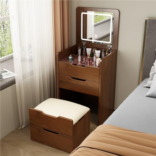 3-i-1 sminkbord för vuxna med LED-spegel och lampor, flip-topp sminkbord med kuddpall, kraftigt förvaringsskåp – elegant brun sminkstation (48 cm)