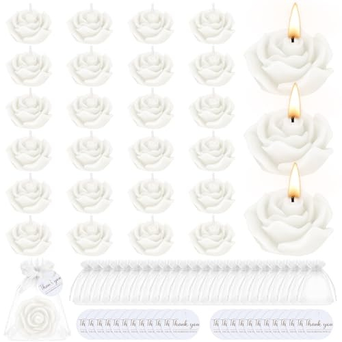 24er Set Blumenkerzen, Rosenkerzen Hochzeit, Weiße Rosen Kerzen mit Organzasäckchen & Thank You Anhängern, Gastgeschenke für Taufe, Kommunion, Geburtstag Party, Mitgebsel