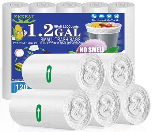 OKKEAI Small Bin Bags 5L, White Bin Liners for Bathroom, 120 Count | Odour-Free Design, Leak-Resistant, Easy Bag Change, Ideal for Toilet, Bedroom and Office Bins