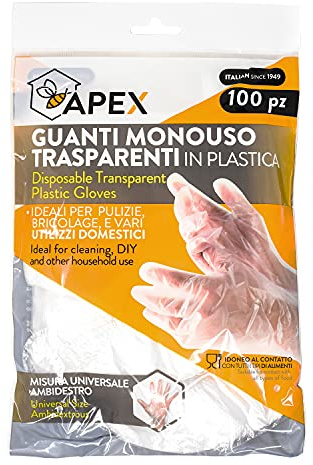 Apex 100 Guanti Monouso in plastica trasparente Usa e Getta per contatto Alimenti, misura universale