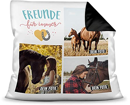 PfotenSchild Pferde Kissen mit Füllung - Fotocollage - Pferdefreunde für Immer - mit DREI Fotos selbst gestalten - Geschenk für Pferdeliebhaber - Farbkissen Rückseite Schwarz, 40 x 40 cm