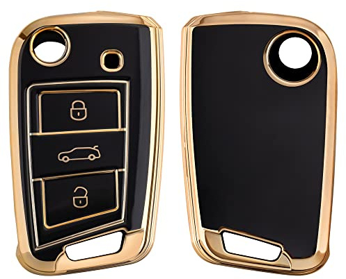 kwmobile Autoschlüssel Hülle kompatibel mit VW Golf 7 MK7 3-Tasten Autoschlüssel - Schlüsselhülle Silikon Cover - Schwarz Gold