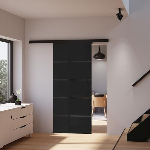 inova Glasschiebetür Komplettset schwarz Blockstreifen grau satiniert 900x2035mm Aluschiene inkl. Softclose 2-seitig