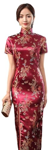 Robe Chinoise pour Femme - Élégante Brocart Satin Longue Fourche Cheongsam Chinois Classique Qipao Femme Manches Courtes Sexy Robe De Soirée De Mariage,Rouge,L