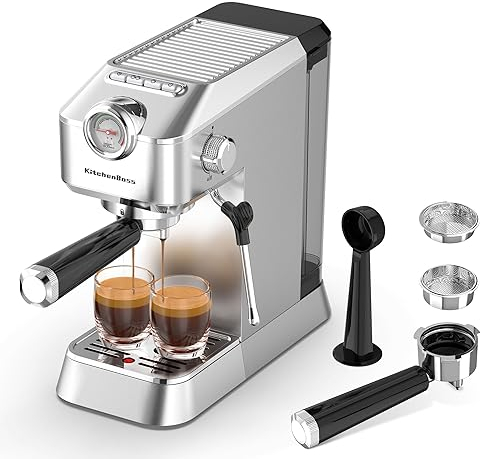 KitchenBoss Cafetera Espresso Compacta Profesionale: Máquina de Café Expreso para el Hogar, Cafetera Manual para Cappuccinos, Cafetera Express 15 Bares con Espumador, 1.2L Depósito Extraíble