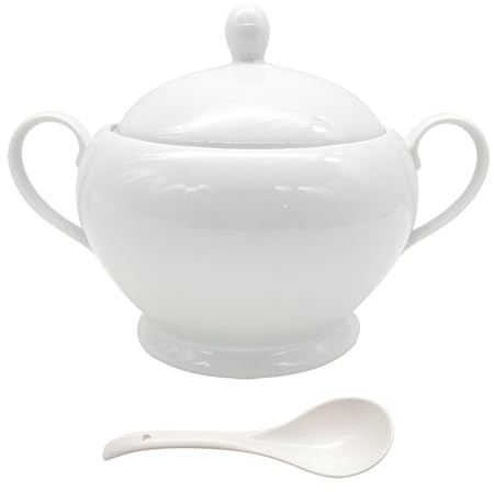REANRO Porcelain Soup Tureen with Lid and Ladle Set, Double-Ear Covered Tureen Classic Serving Bowl for Soups, White
