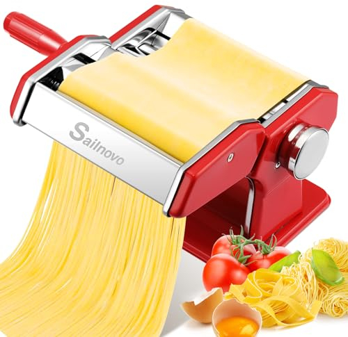 Sailnovo Maquina Para Hacer Pasta, 180 aleación de aluminio Maquina Pasta Fresca, con 9 Ajustes de espesor ajustables y 2 máquinas de corte, Maquina Pasta es muy adecuado para pasta(Rojo)