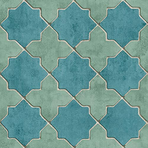 BRICOFLOR Papier peint carrelage vert & turquoise Tapisserie salle de bain & cuisine carreaux de ciment Papier peint salon style marocain