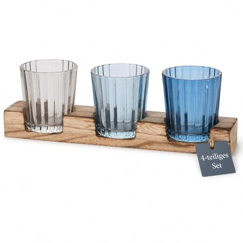 MIJOMA 4-teiliges Teelichthalter-Set mit Holz-Tablett, Charmante Riffelglas-Kerzenhalter, Stilvolle Tischdekoration und Windlicht für Innen, Modernes Wohndesign & Wohnaccessoire (Taupe-Hellblau-Blau)