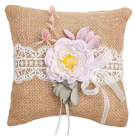 Easnea Sackleinen Ringkissen, Rustikales Ringträger Kissen, Jute Hochzeit Ringkissen Blume Ringkissen Spitze Ringkissen für Hochzeitszeremonie Party (Kissen, Hellviolett)