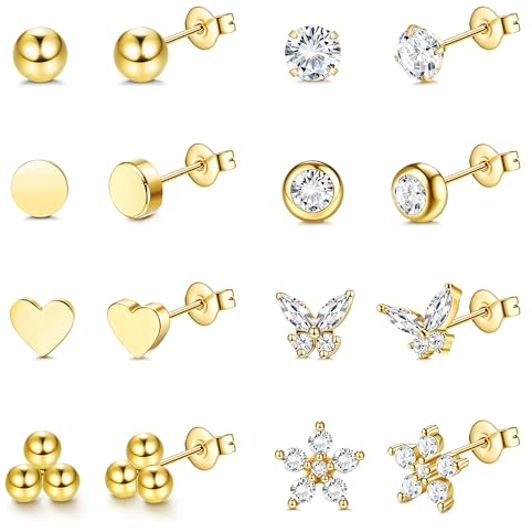 Dochais 8 Paar Ohrstecker Gold Set für Damen Ohrstecker Klein Gold Ohrringe Chirurgenstahl Ohrringe Stecker Zirkonia Herz Ball Hypoallergene Creolen Set Knorpel Helix Conch Piercing Ohr