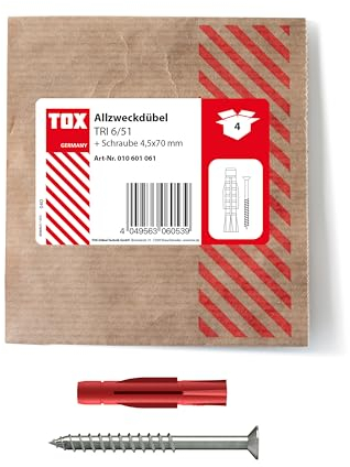 TOX 6x51 mm Allzweckdübel TRI Schraube, Dübel für zuverlässige Befestigungen in Fast Allen Baustoffen, 4 Stück in Einer wiederverschließbaren und umweltschonenden Papierverpackung, 010601061, Rot