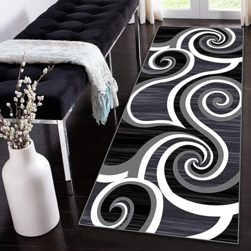 Siunwdiy Teppich Läufer Flur Küche rutschfest Waschbar Modern Weiß Schwarz Grau Geometrisch Muster Teppichläufer Korridor Teppich Küchenläufer Lang 80x200cm Flurteppich lang Meterware Anpassbar