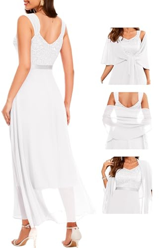 Berylove Robe de Soirée Longue pour Femme avec Étole Paillettes Robe de Cocktail Élégante pour Mariage Robe de Cérémonie, Blanc., M