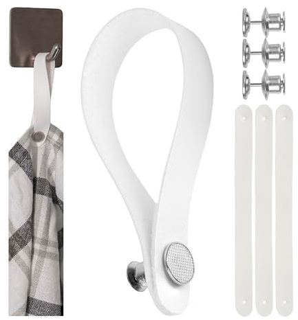 No-sew hangers for textiles, 4 pack, 150 x 12 mm loops, in white, made of PU leather, with pin and button fastening, hanger tabs for tea towel, bath towel, cloth, decorative items, camping