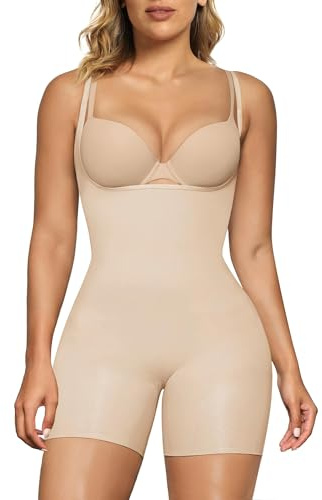 SHAPERX Formande kroppsdräkter för kvinnor öppen byst magkontroll kroppsformare mitt på låret bodysuit shorts sömlösa formkläder, Beige-shorts, L-XL