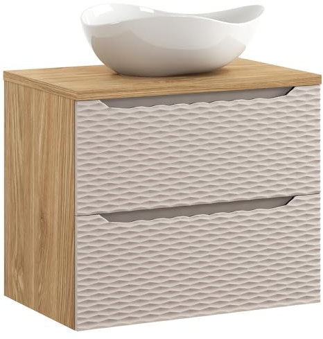 Lomadox Badezimmer Waschtisch 70cm in Eiche, Front in beige mit 3D-Oberfläche