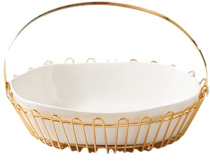 KHYTEBV Frutero de cerámica para encimera de Cocina, Almacenamiento de Frutas y Verduras con Cesta de Metal Dorado, frutero de cerámica diseñado para