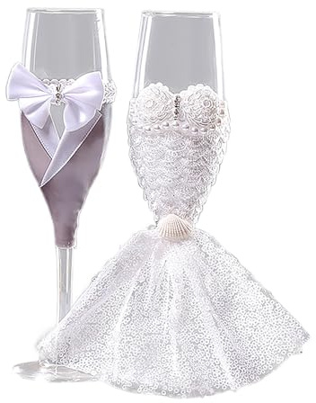 LEMCC Lot de 2 Verres à Champagne de Mariage, Flûtes à Champagne de Mariage pour Les Mariés, Gobelet à Vin de Mariage Transparent, Verres à Grillage élégants pour Fête d'anniversaire (A)