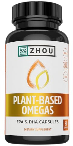 ZHOU Plant-Based Omegas - Vegan Omega 3 Supplement, EPA and DHA Algae Oil Capsules, from Algae & Flaxseed, Supports Heart Health for Women and Men, Vegan - 30 Vegetarian Capsules