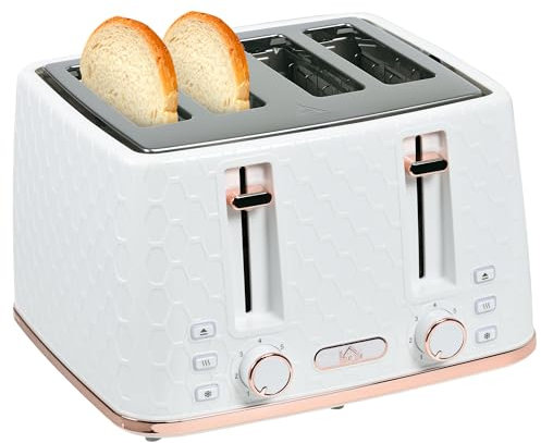 HOMCOM 4 Slice Toaster with 7 Browning Levels, High Lift, Reheat/Defrost/Cancel, Self-centring Function, Removable Crumb Tray, Auto Off, 1600W, White Honeycomb Texture