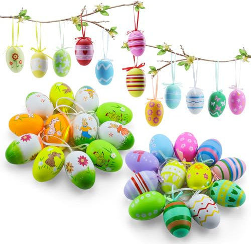 Aischens 36 Pezzi Uova di Pasqua Colorate Decorazioni, Uova di Plastica Dipinte, Uova di Pasqua Colorate da Appendere, Uova Pasquali per Albero Scuola Casa Ufficio Feste, Ovetti Decorativi Pasquali