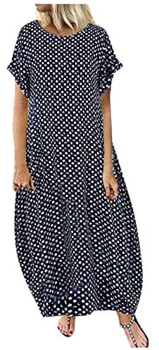 FUPODD Kleider Damen Lang Sommer Elegant Punkte Ballonkleid Mit Ärmeln Sommerkleider Damen Leicht Luftig Blusenkleid Maxi Kurzarm Sommerkleid Rundhals Strandkleid Frauen Casual Maxikleider Locker