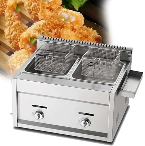 MZBDYYF Commercial Countertop LPG Gas Deep Fat Fryer - Stainless Steel Double With Basket And Lid For French Fries Home Kitchen Restaurant
