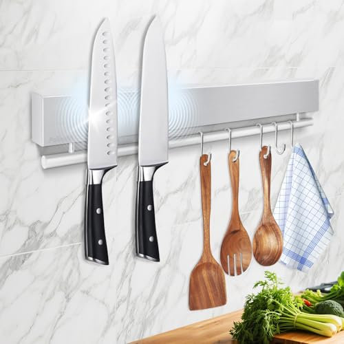 12 Inch Magnetic Knife Holder for Wall - Stainless Steel Magnet Knife Strip No Drill with 5 Hooks/Adhesive Tape/Screws, Kitchen Utensil Holder, Magnetic Knife Organizer, Wall Mounted Knife Storage