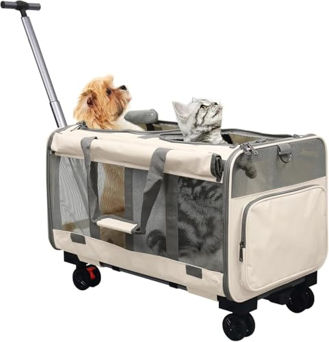 BOODPET Grande trasportino per gatti, trasportino per 2 gatti, trasportino pieghevole su ruote, scomparti staccabili 2 in 1, con bacchetta giocattolo per gatti e cinghia di stoccaggio