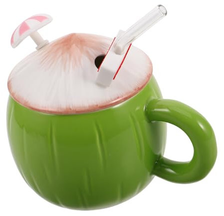 PartyKindom Tasse Céramique Noix De Avec Couvercle Et Paille Style Tiki Décoration De Fête Luau Pour Lait Et Café