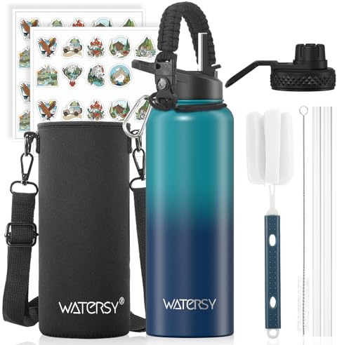 WATERSY Isolierte Edelstahl Thermosflasche 40oz Vakuumisolierte Trinkflasche mit 2 Deckel Auslaufsichere Wasserflasche 1200 ml Doppelwand Flasche Metall Sport für Sport, Schule