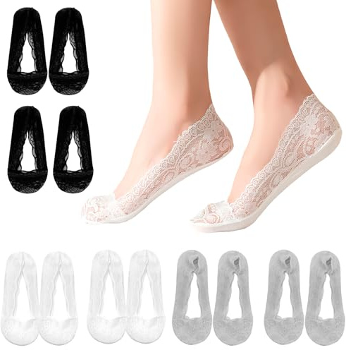 6 Paar Damen Füßlinge Spitze Unsichtbare Ballerina Socken mit Rutschfest Silikon, Gilt für Füßlinge Damen High Heels， eisseide Socken damen, Schwarzes Nacktes Grau Heller Hautton，Einheitsgröße